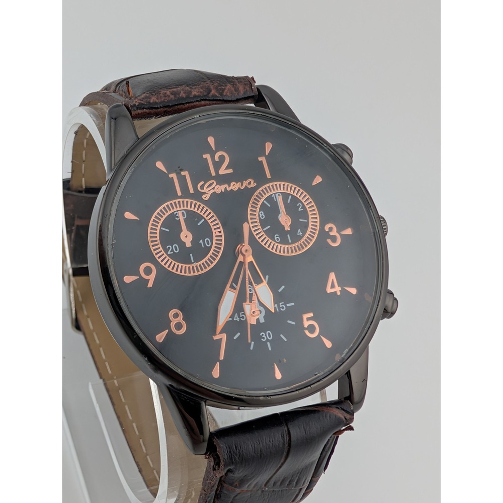 Geneva Watch Men‎ Black 41mm Case Brown Faux Leather Band- New Battery